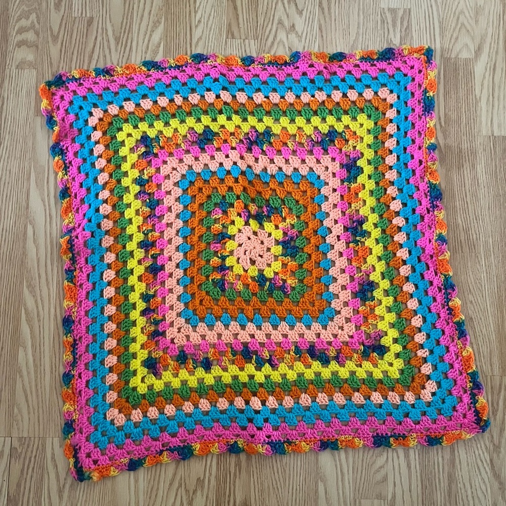 Vintage Hand Crochet 32x32 Afghan Throw Blanket Multi Colored Crib Size